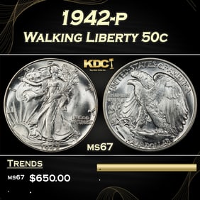 1942-p Walking Liberty Half Dollar 50c ms67 SEGS