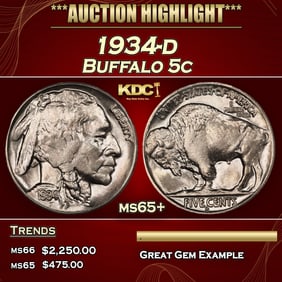 1934-d Buffalo Nickel 5c ms65+ SEGS