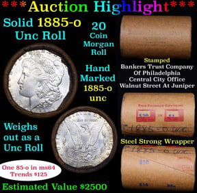 Full solid date 1885-o Uncirculated Morgan silver dollar roll, 20 coins
