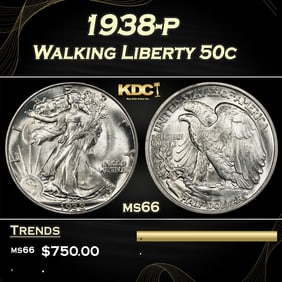 1938-p Walking Liberty Half Dollar 50c Grades ms66