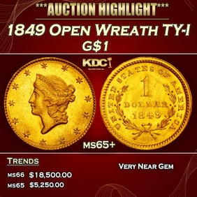 1849 Open Wreath Gold Dollar TY-I $1 ms65+ SEGS