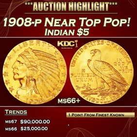 1908-p Gold Indian Half Eagle Near Top Pop! $5 ms66+ USCG