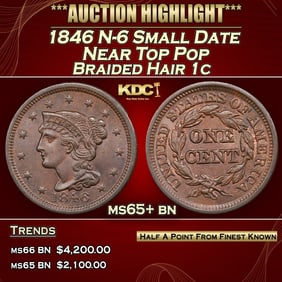 1846 N-6 Small Date Braided Hair Large Cent Near Top Pop 1c ms65+ bn SEGS