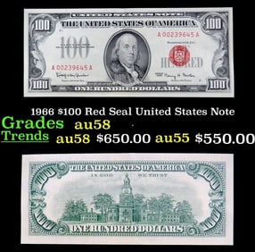 1966 $100 Red Seal United States Note Grades Choice AU/BU Slider