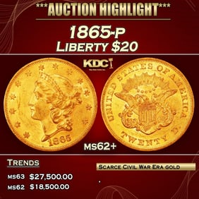 1865-p Gold Liberty Double Eagle $20 ms62+ USCG