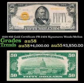 1928 $50 Gold Certificate FR-2404 Signatures Woods/Mellon Grades Choice AU/BU Slider