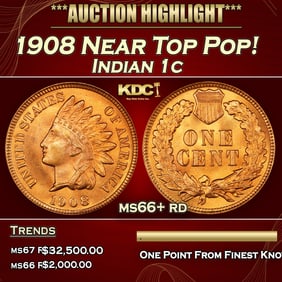 1908 Indian Cent Near Top Pop! 1c ms66+ rd SEGS