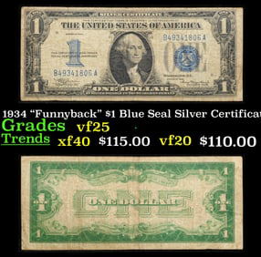 1934 $1 Blue Seal Silver Certificate "Funnyback" Grades vf+