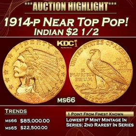1914-p Gold Indian Quarter Eagle Near Top Pop! $2 1/2 ms66 USCG