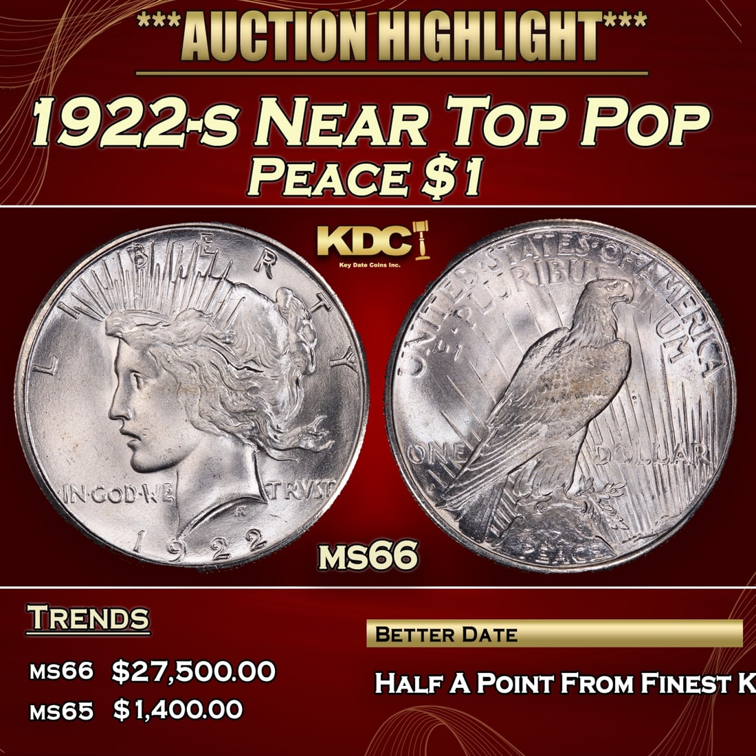 1922-s Peace Dollar Near Top Pop $1 ms66 SEGS (1 of 4)