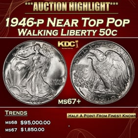 1946-p Walking Liberty Half Dollar Near Top Pop 50c ms67+ SEGS