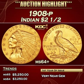 1908-p Gold Indian Quarter Eagle $2 1/2 ms64+ SEGS