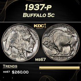 1937-p Buffalo Nickel 5c ms67 SEGS