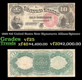 1869 $10 United States Note Grades vf+ Signatures Allison/Spinner
