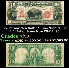 The $10 United States Note Famous Ten-Dollar "Bison Note" of 1901 FR-122 Grades vf++ 1901