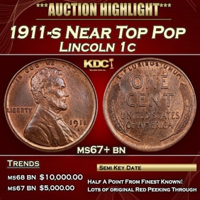 1911-s Lincoln Cent Near Top Pop 1c ms67+ bn SEGS