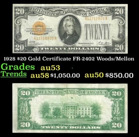 1928 $20 Gold Certificate FR-2402 Woods/Mellon Grades Select AU