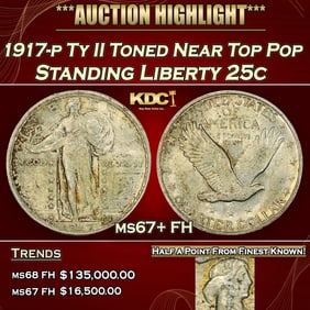 1917-p Ty II Standing Liberty Quarter Toned Near Top Pop 25c ms67+ FH SEGS