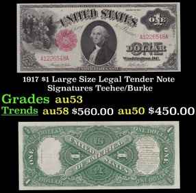 1917 $1 Large Size Legal Tender Note Grades Select AU Signatures Teehee/Burke