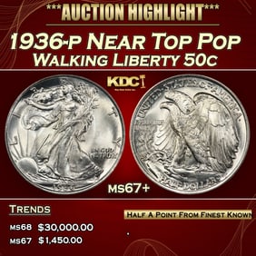1936-p Walking Liberty Half Dollar Near Top Pop 50c ms67+ SEGS