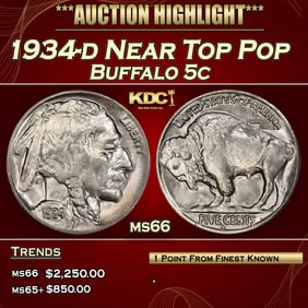 1934-d Buffalo Nickel Near Top Pop 5c ms66 SEGS