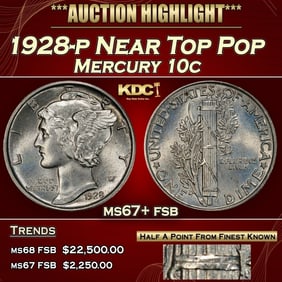 1928-p Mercury Dime Near Top Pop 10c ms67+ fsb SEGS