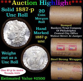 Full solid date 1887-p Uncirculated Morgan silver dollar roll, 20 coins