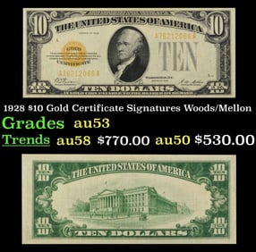 1928 $10 Gold Certificate Signatures Woods/Mellon Grades Select AU