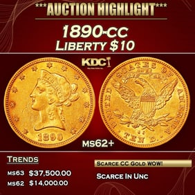 1890-cc Gold Liberty Eagle $10 ms62+ USCG