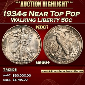 1934-s Walking Liberty Half Dollar Near Top Pop 50c ms66+ SEGS