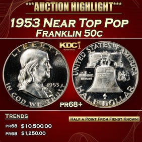 1953 Proof Franklin Half Dollar Near Top Pop 50c pr68+ SEGS