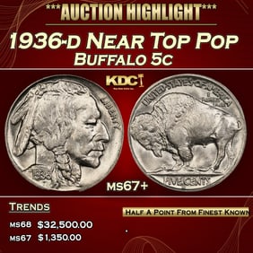 1936-d Buffalo Nickel Near Top Pop 5c ms67+ SEGS