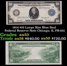 1914 $10 Large Size Blue Seal Federal Reserve Note Chicago, IL Grades Select AU FR-931