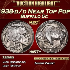 1938-d/d Buffalo Nickel Near Top Pop 5c ms67+ SEGS