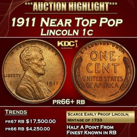 1911 Proof Lincoln Cent Near Top Pop 1c pr66+ rb SEGS