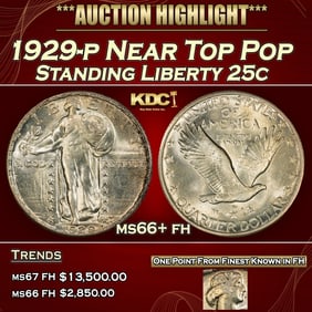 1929-p Standing Liberty Quarter Near Top Pop 25c ms66+ fh SEGS