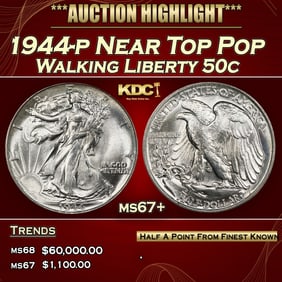 1944-p Walking Liberty Half Dollar Near Top Pop 50c ms67+ SEGS