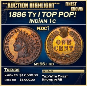 1886 Ty I Indian Cent TOP POP! 1c ms66+ rb SEGS