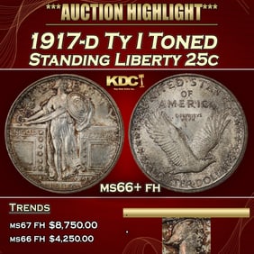 1917-d Ty I Standing Liberty Quarter Toned 25c ms66+ fh SEGS