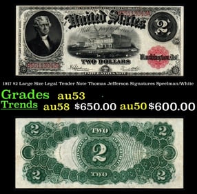 1917 $2 Large Size Legal Tender Note Thomas Jefferson Grades Select AU Signatures Speelman/White