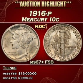 1916-p Mercury Dime 10c ms67+ FSB SEGS