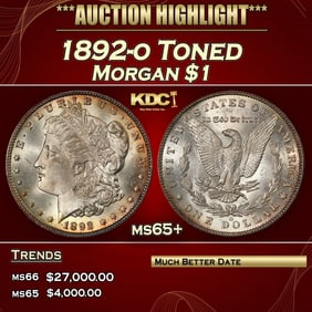 1892-o Morgan Dollar Toned $1 ms65+ SEGS