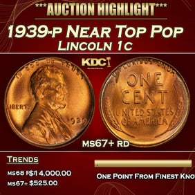 1939-p Lincoln Cent Near Top Pop 1c ms67+ rd SEGS