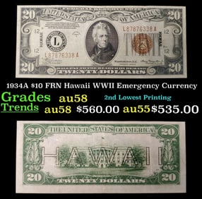 1934A $10 FRN Hawaii WWII Emergency Currency Grades Choice AU/BU Slider