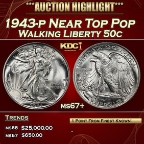1943-p Walking Liberty Half Dollar Near Top Pop 50c ms67+ SEGS