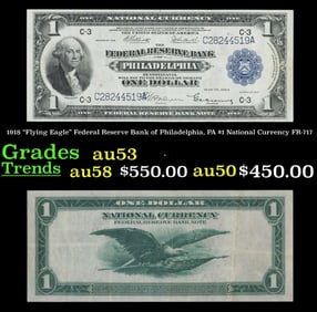 1918 $1 National Currency "Flying Eagle" Federal Reserve Bank of Philadelphia, PA Grades Select AU