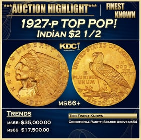 1927-p Gold Indian Quarter Eagle TOP POP! $2 1/2 ms66+ USCG