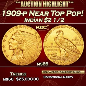 1909-p Gold Indian Quarter Eagle Near Top Pop! $2 1/2 ms66 USCG