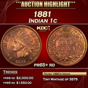 1881 Proof Indian Cent 1c pr65+ rd SEGS
