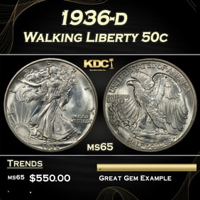 1936-d Walking Liberty Half Dollar 50c Grades ms65